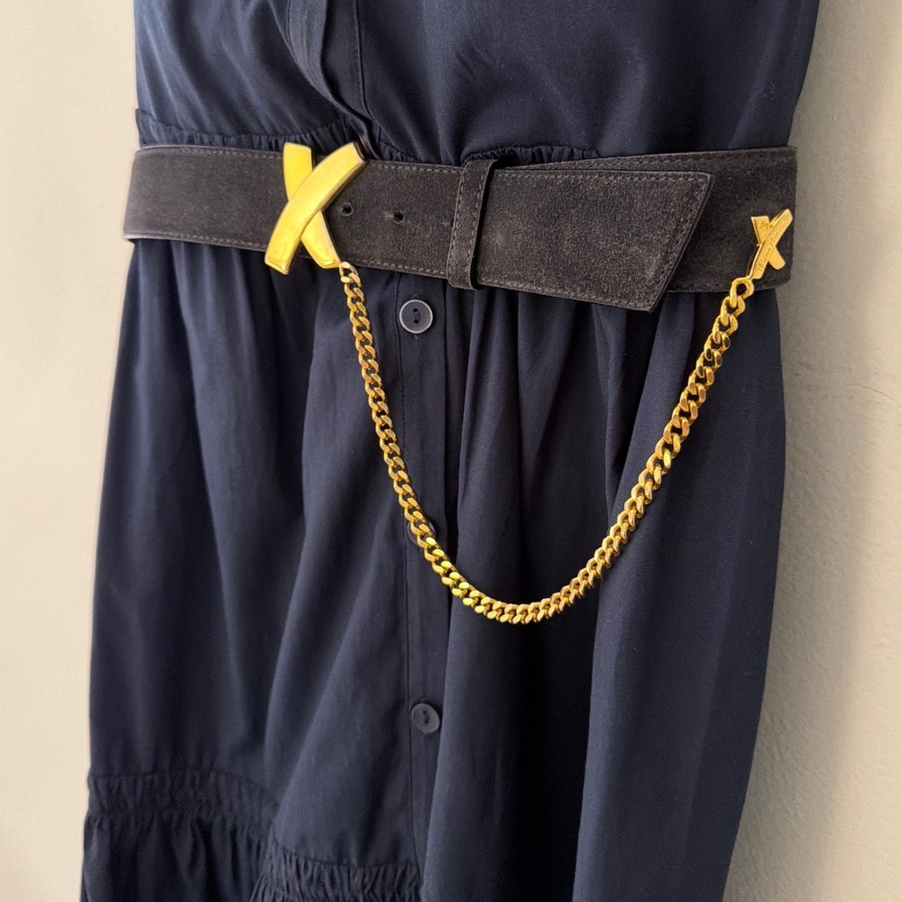 Paloma Picasso Black Suede Leather Belt Gold X Buckle Chain Vintage Italy M/75